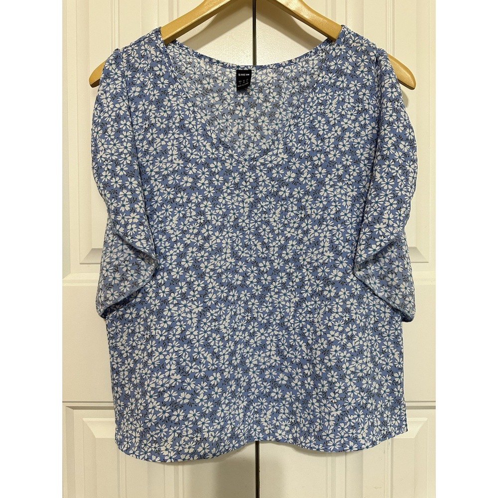 Women's Floral Shirt S Baby Blue Fairy Office Feminine Whimsical Romantic Y2K